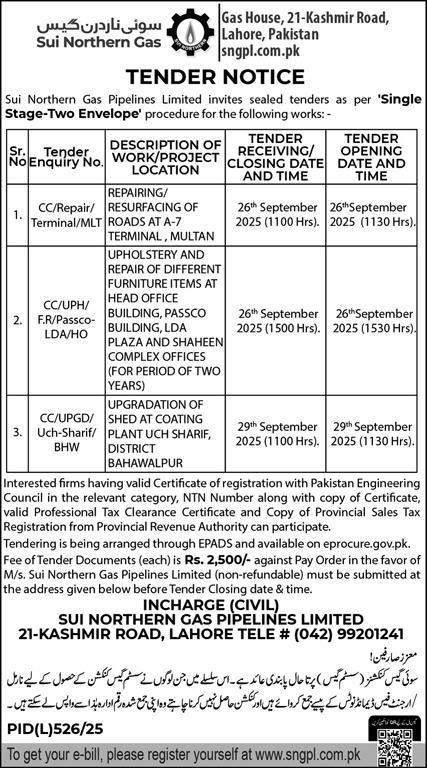Sui Northern Gas Company Limited Lahore Tender Notice